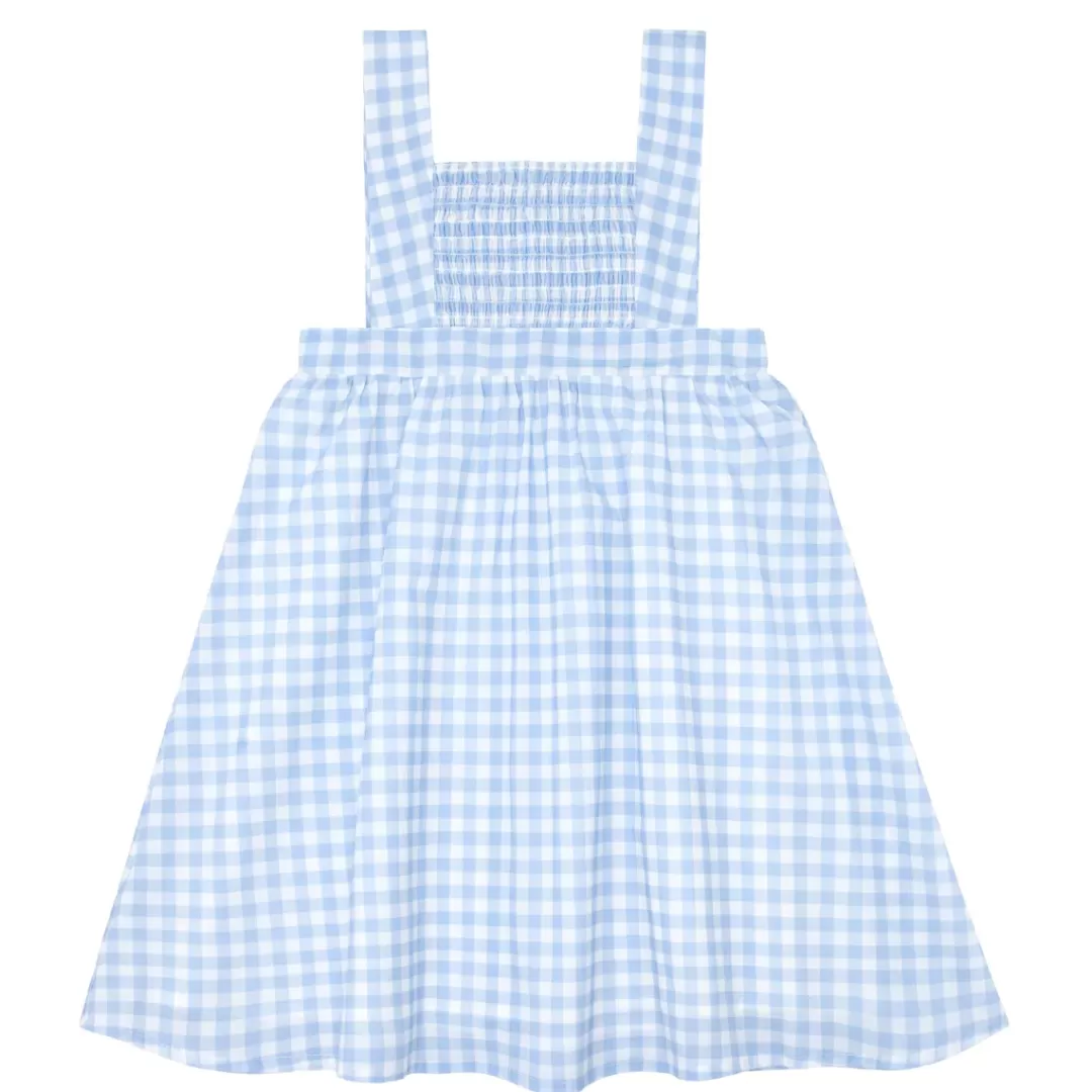 Girls Blue Gingham Smocked Bib Dress<minnow Online