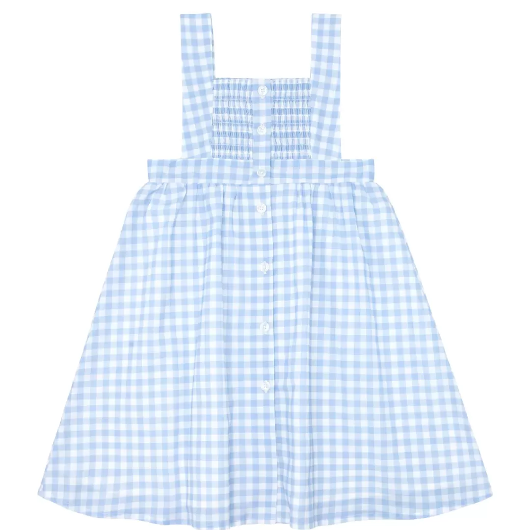 Girls Blue Gingham Smocked Bib Dress<minnow Online